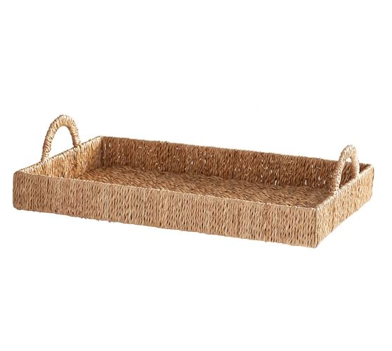 Rectangular woven seagrass tray with handles