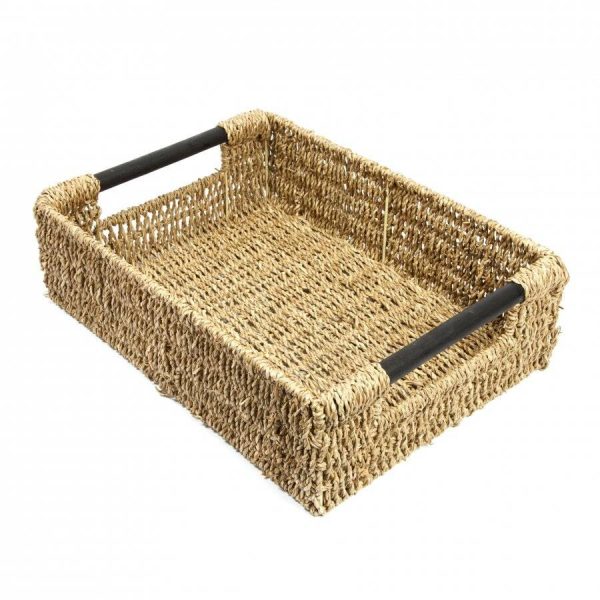 Rectangular woven seagrass tray with handles 02